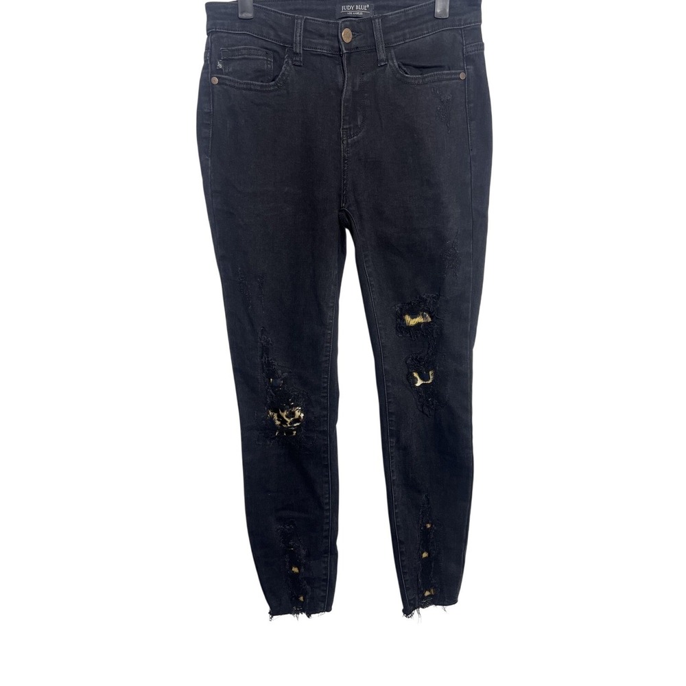 Judy Blue Jeans Junior 5/27 Charcoal Black Skinny Distressed Leopard‎ Raw Hem